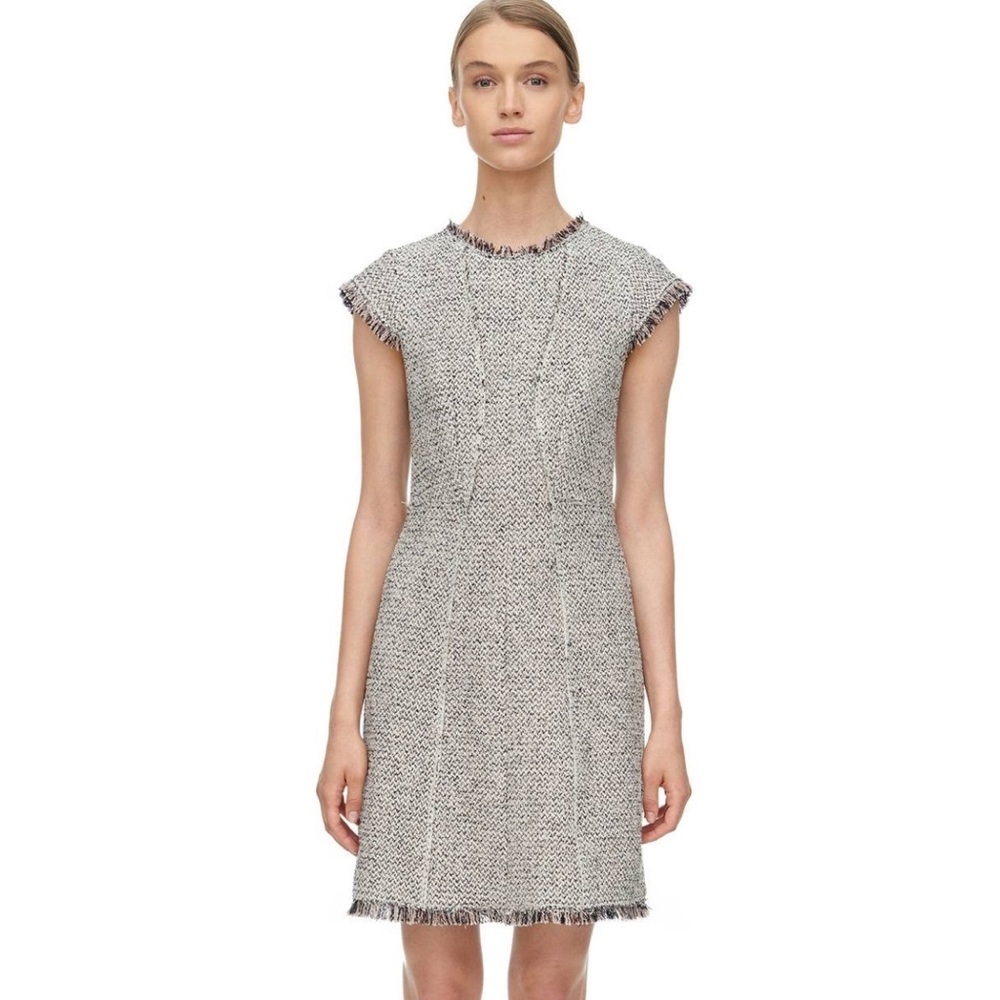 Rebecca Taylor Gray Tweed Knit Fringe Hem Mini Dress Size 8 AA